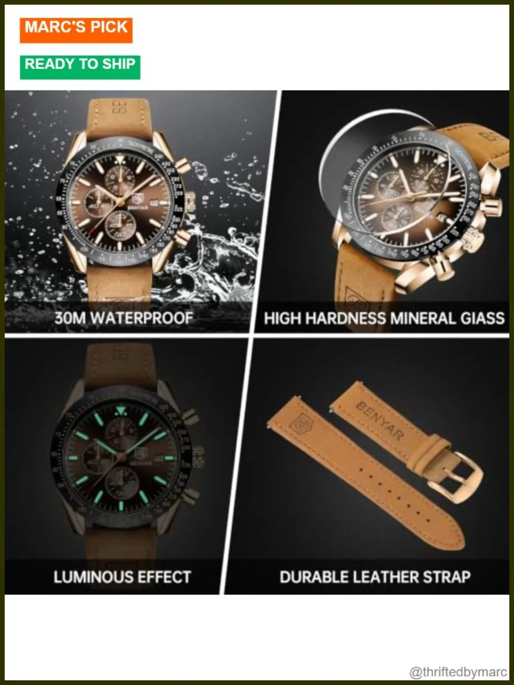 Quartz Chronograph Leather Strap Dress Watch 30M Water Resistant